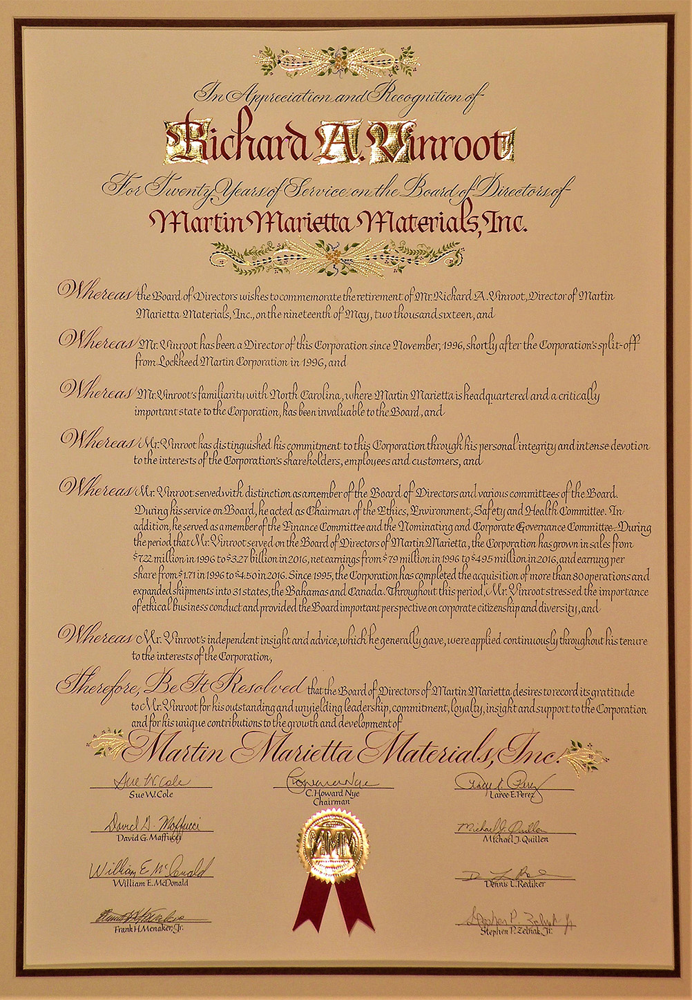 Vinroot Certificate